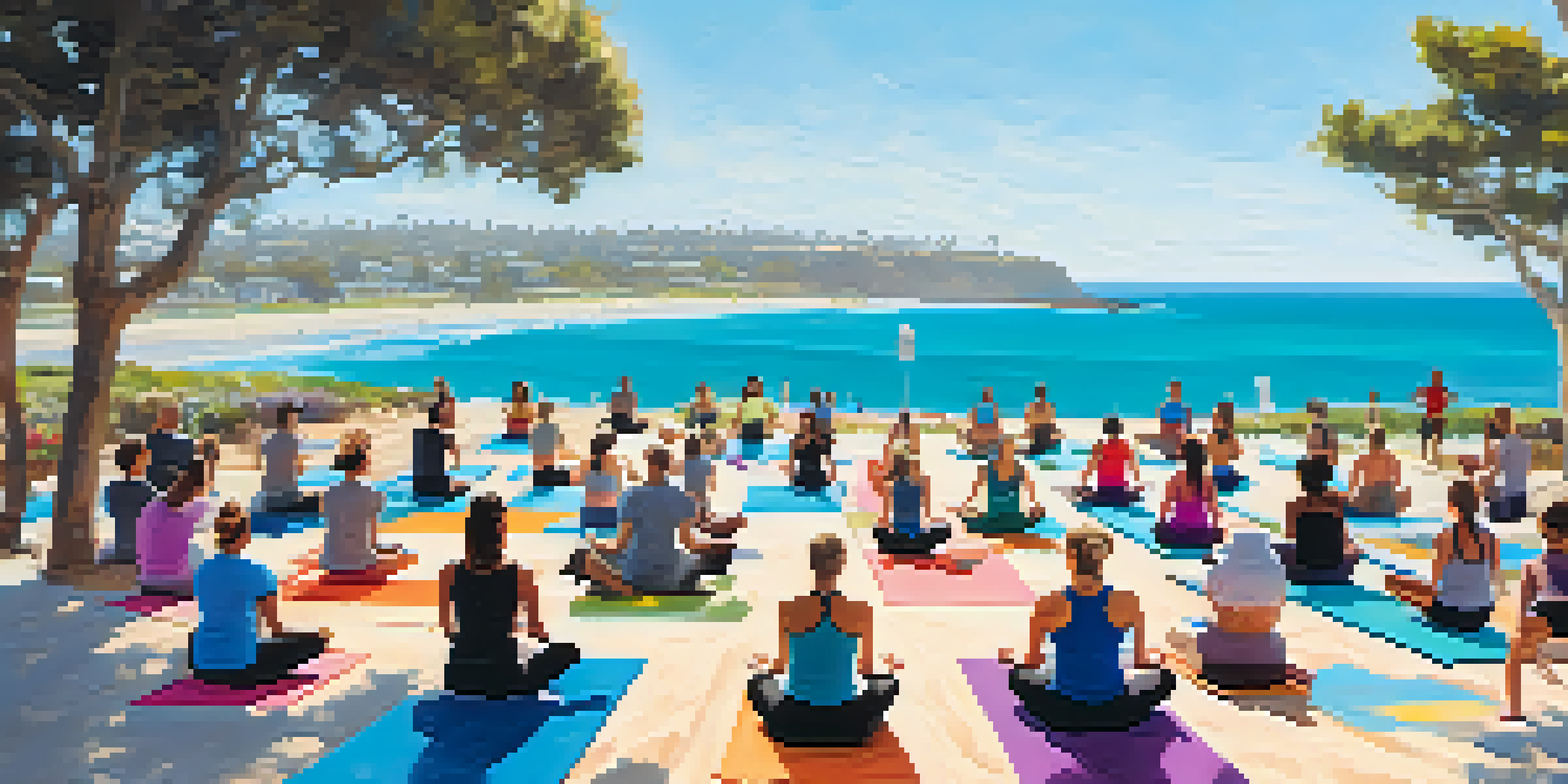 A colorful outdoor yoga class on the Carlsbad coastline, with diverse participants practicing yoga poses under a clear blue sky.