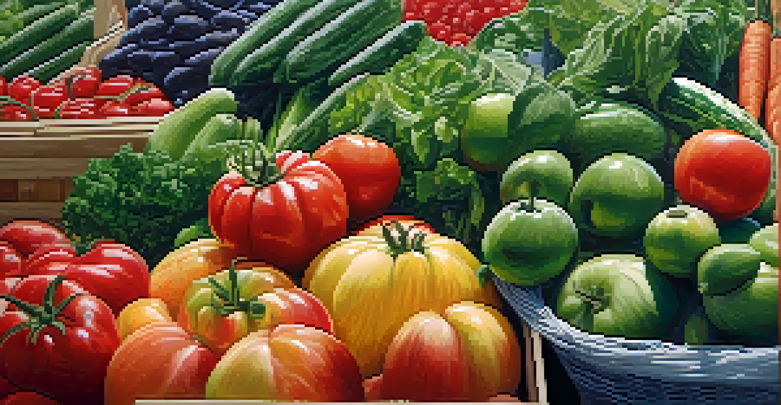 A close-up of a vendor's stall with fresh organic fruits and vegetables, and a farmer interacting with a customer.