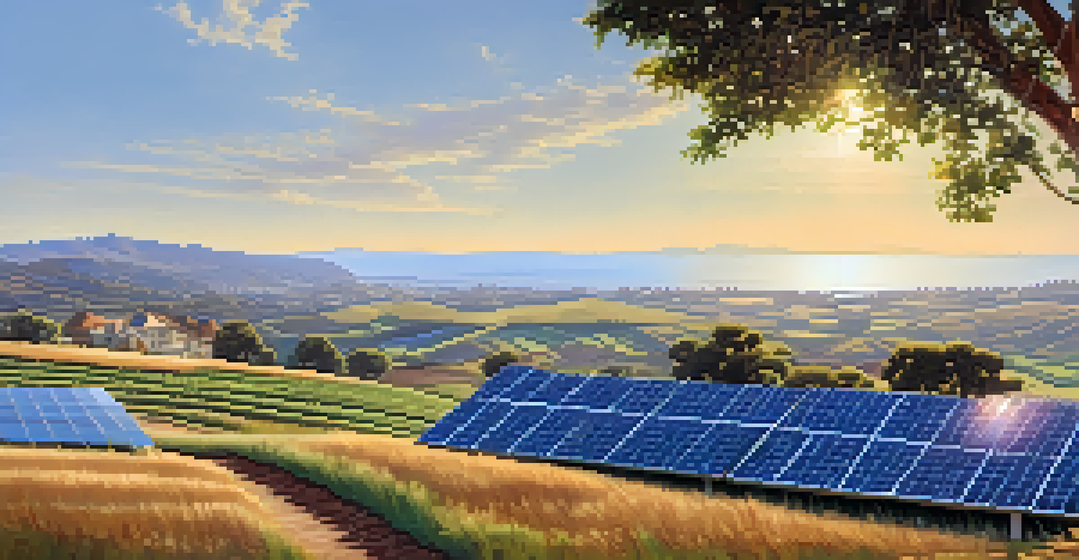 A farmer in Carlsbad using reclaimed water for irrigation, with solar panels on rooftops and a beautiful landscape of hills and ocean in the background.