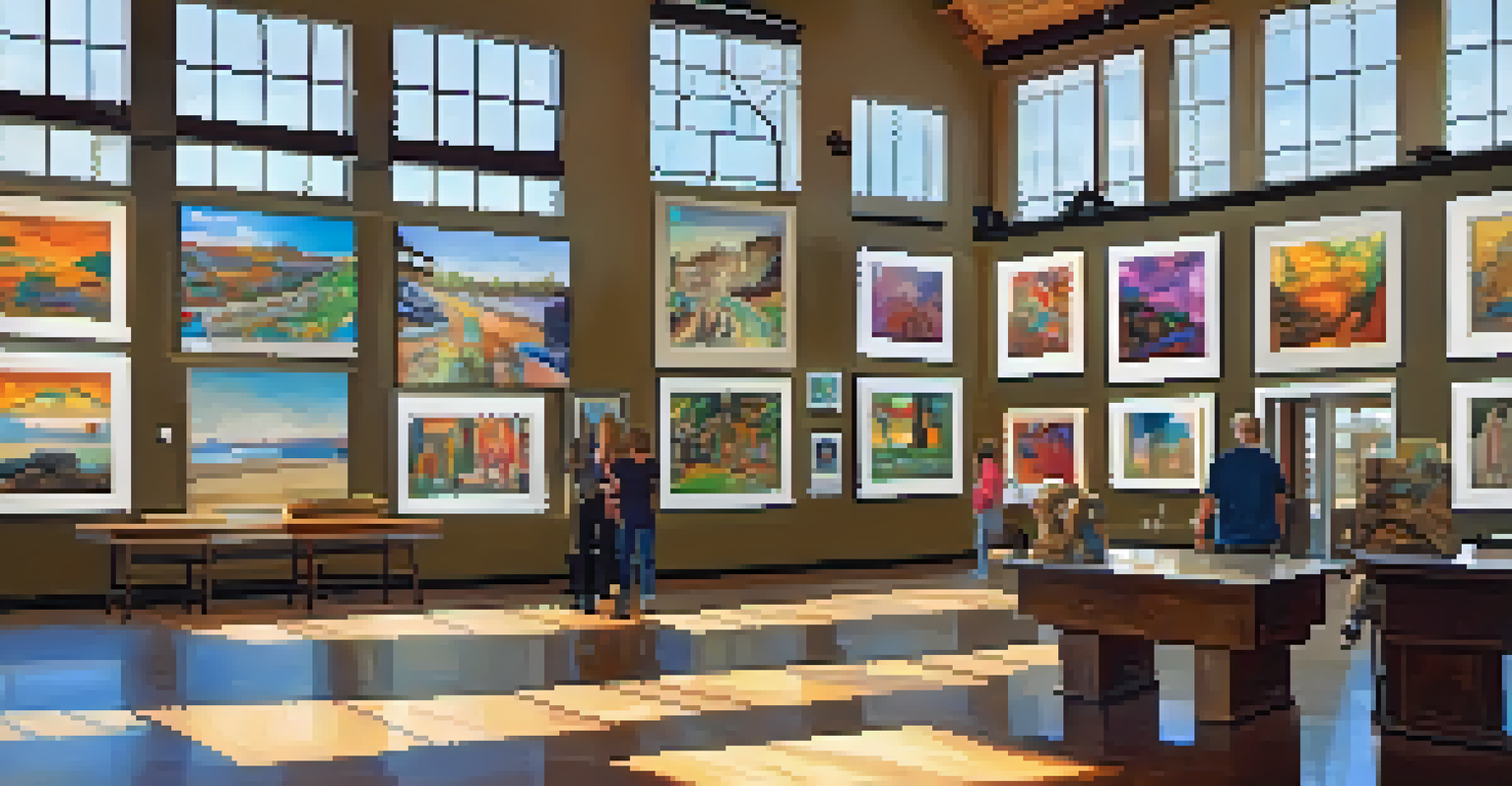 An interior view of the Carlsbad Community Arts Center, showcasing a gallery filled with colorful artwork and engaged visitors.