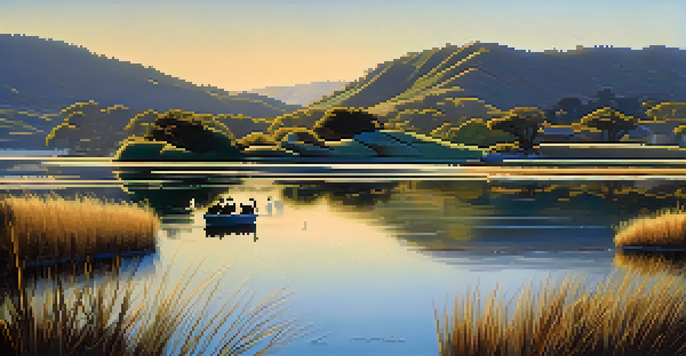 A tranquil winter scene at Batiquitos Lagoon with California quail foraging by the water, surrounded by snow-capped hills and reeds.