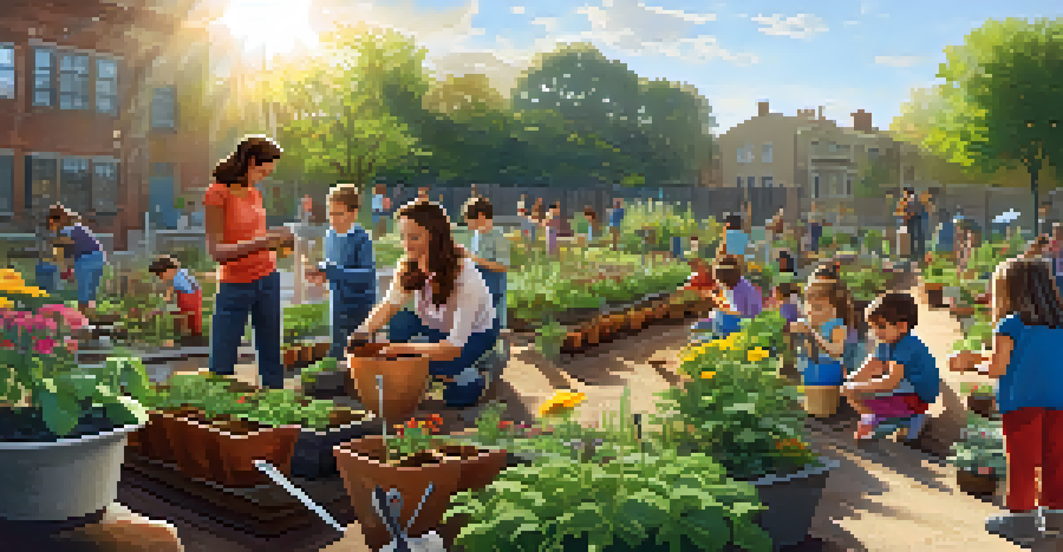 A community gardening workshop with adults and children learning to plant seeds, surrounded by gardening tools and a sunny atmosphere.