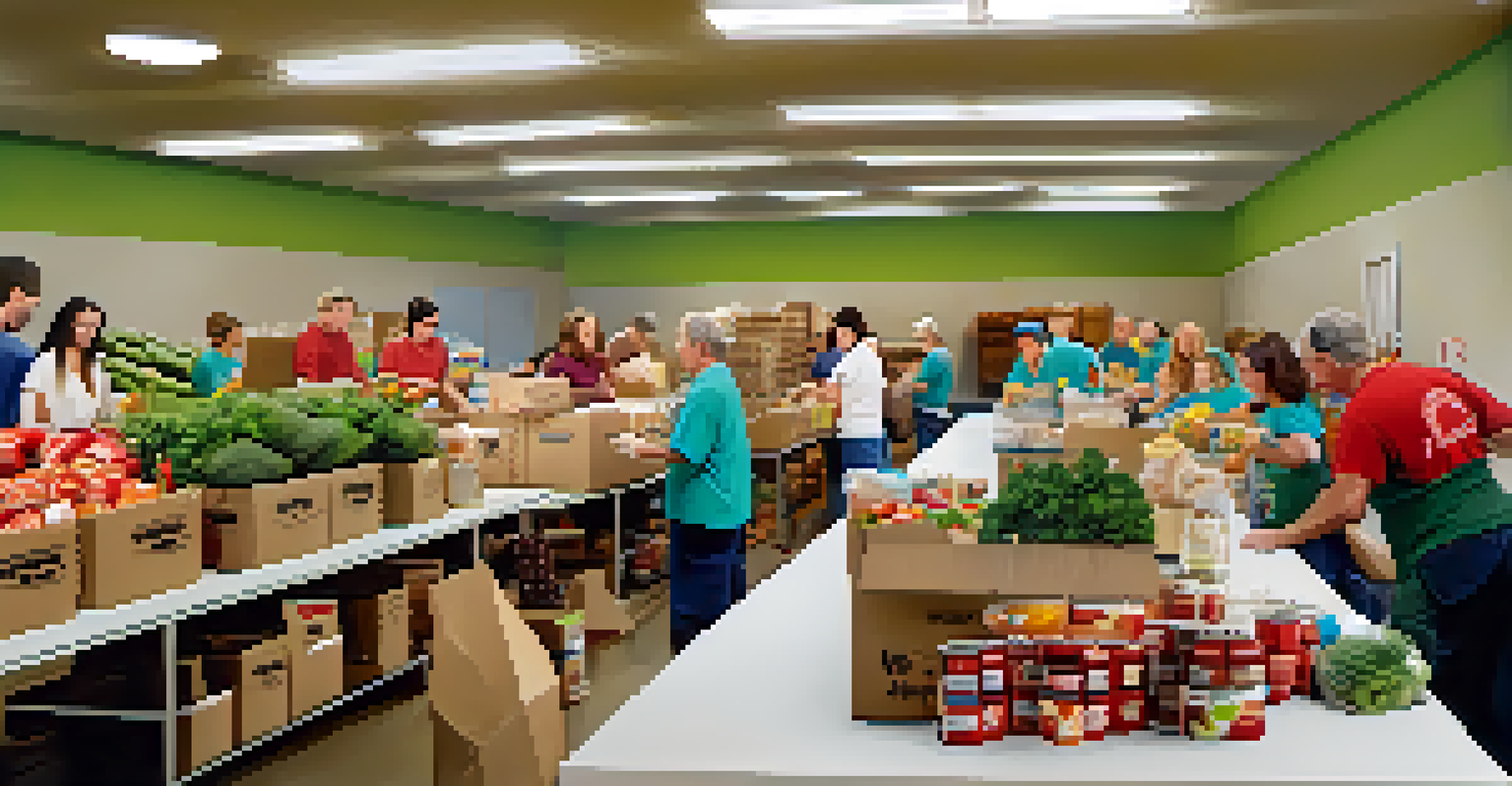 Volunteers sorting food at a local food bank in Carlsbad, with fresh produce and canned goods in a cozy indoor setting illuminated by soft lighting.