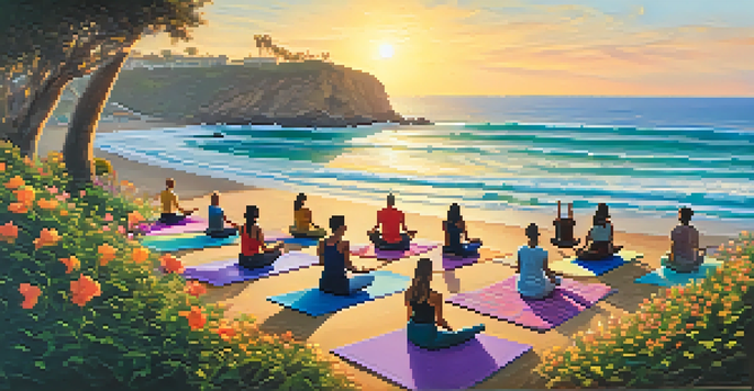 A group of people practicing yoga on a beach during sunset, with gentle waves and colorful mats surrounded by greenery.