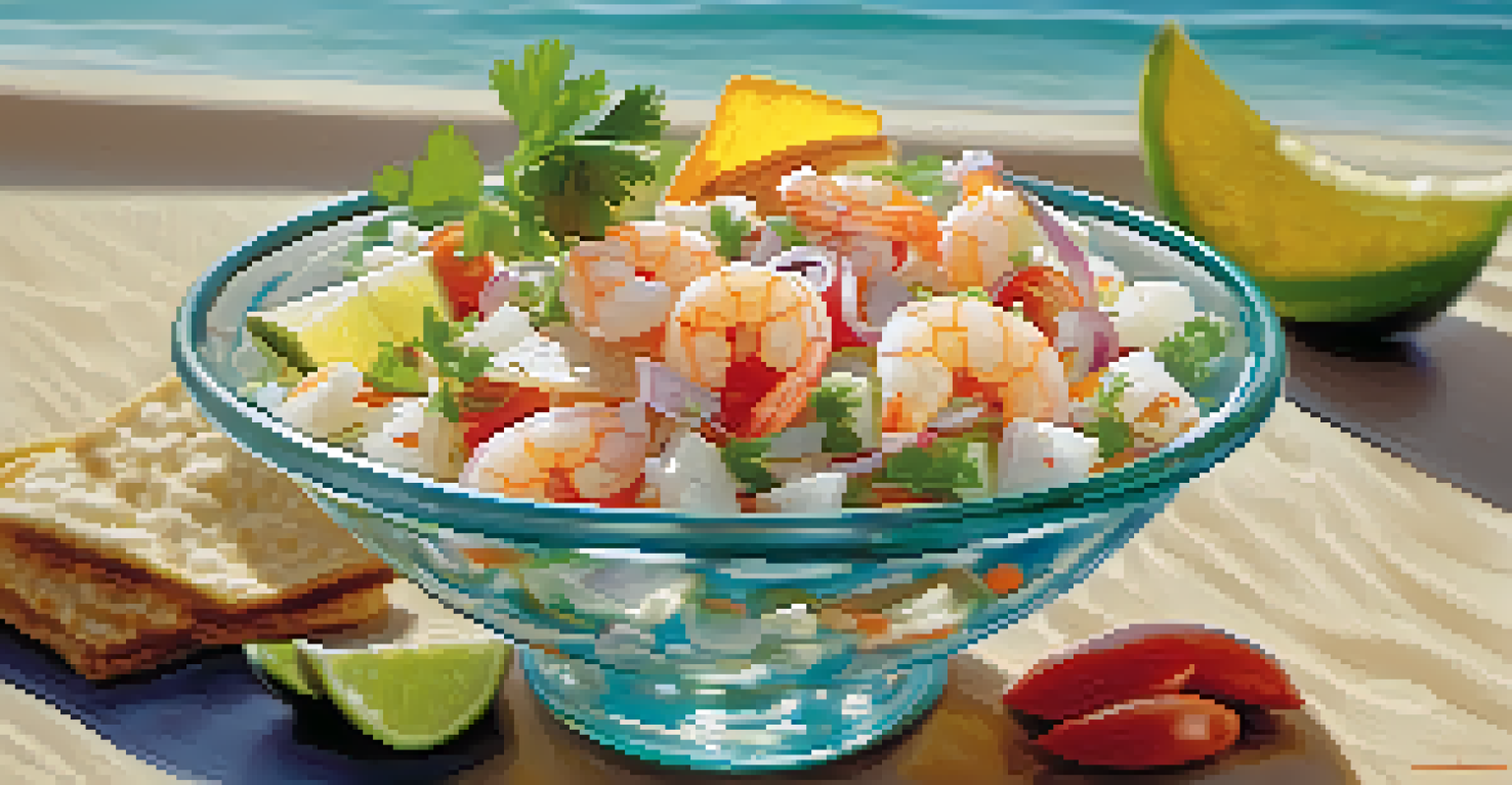 A bowl of ceviche with shrimp and fish, served with tortilla chips, set in a sunny environment.