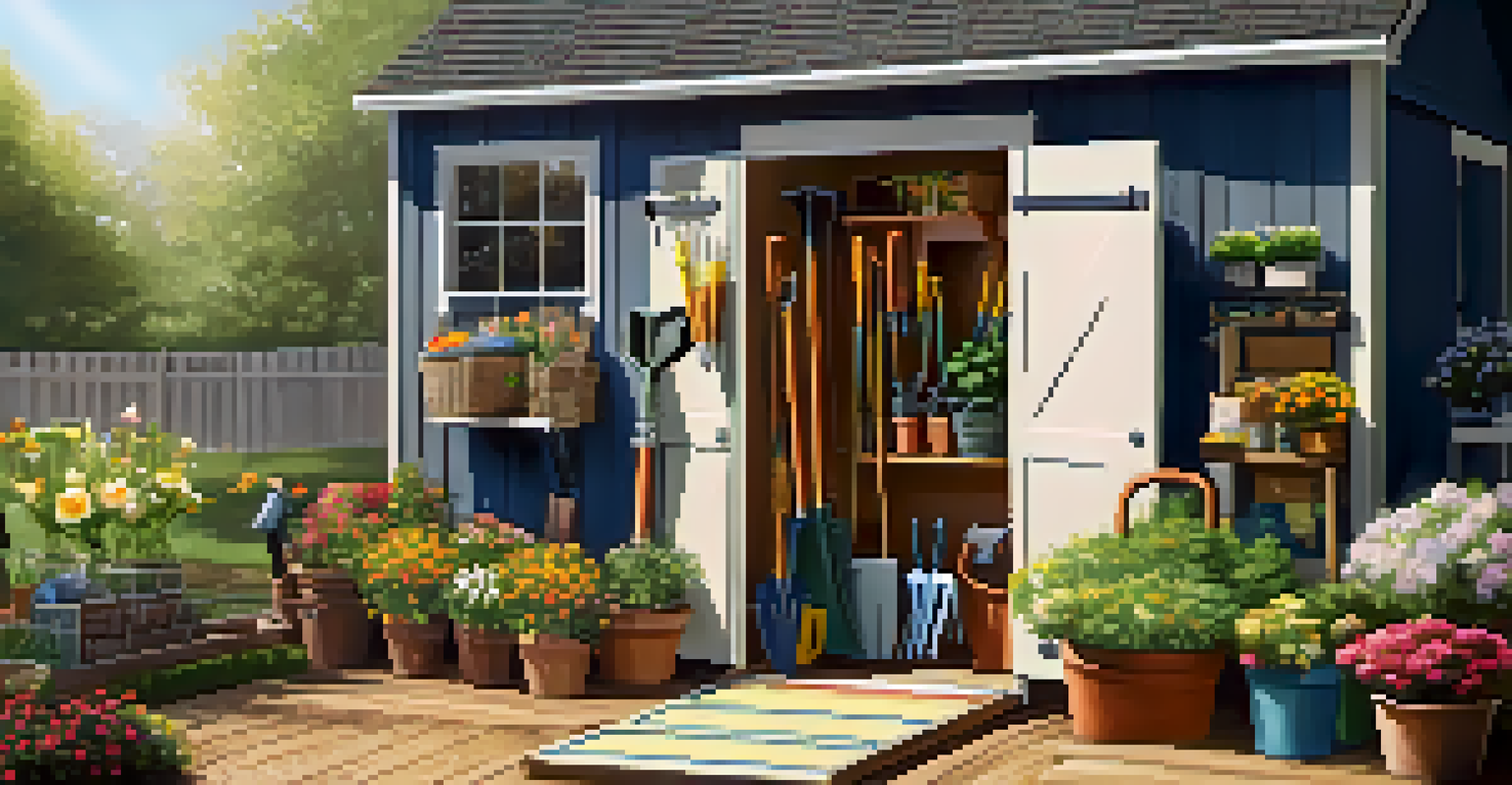 A well-organized gardening shed showing tools neatly stored on pegboards, with a blooming garden in the background.