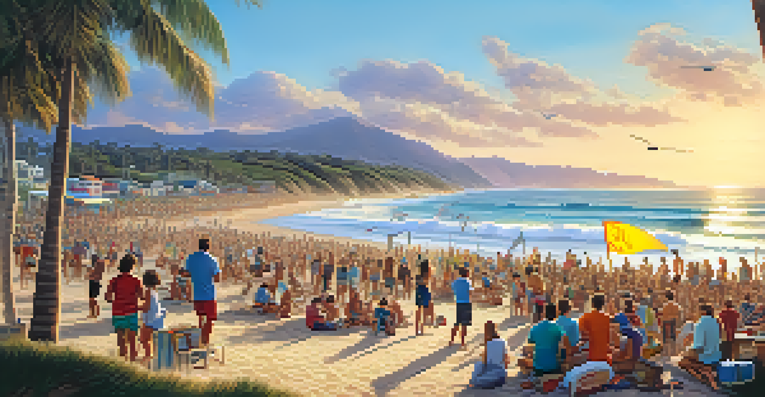 Community beach event with surfers cleaning the beach, surrounded by waves and sunset.