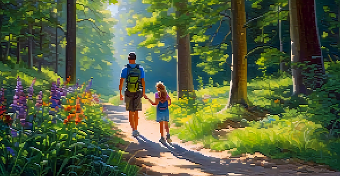 A family enjoying a hike on a nature trail, surrounded by greenery and wildflowers, with sunlight filtering through the leaves.