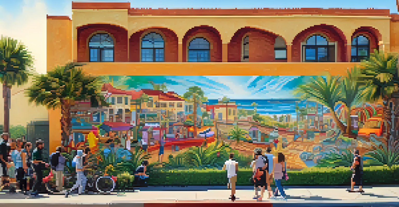A colorful mural on a building wall in Carlsbad, showcasing intricate designs and textures, with pedestrians admiring it.