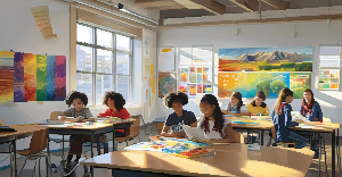 A bright classroom with diverse students working together on a project, surrounded by educational materials and natural light.
