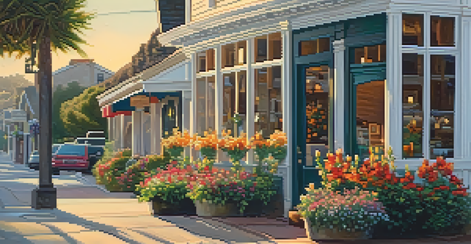 A scenic street in Carlsbad Village Historic District with historic buildings, colorful flowers, and warm sunlight.