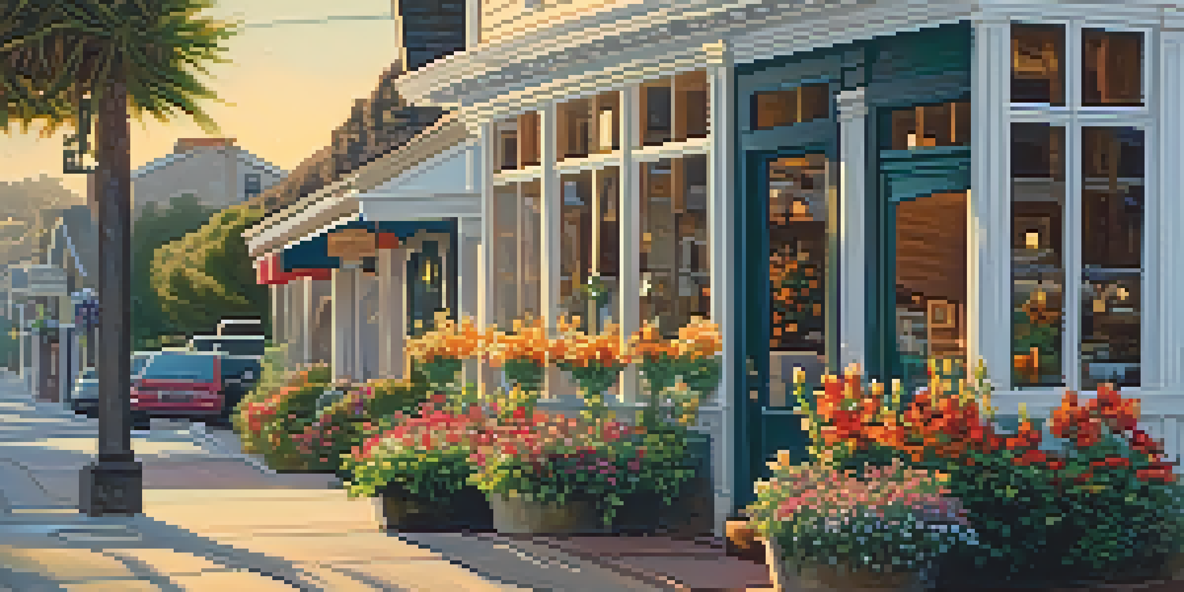 A scenic street in Carlsbad Village Historic District with historic buildings, colorful flowers, and warm sunlight.