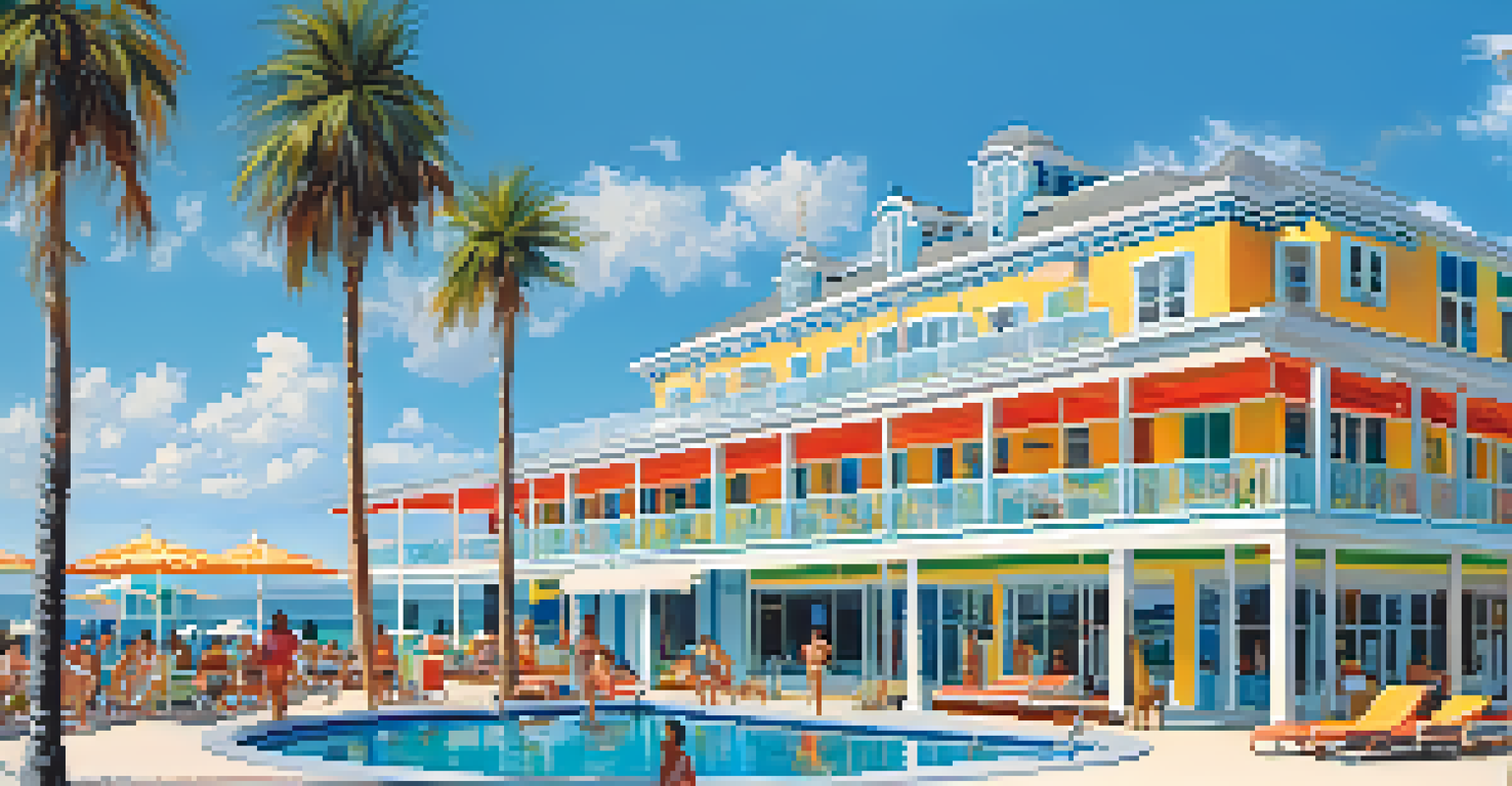Exterior view of the Beachwalk Hotel with retro architecture and a sunny poolside scene.