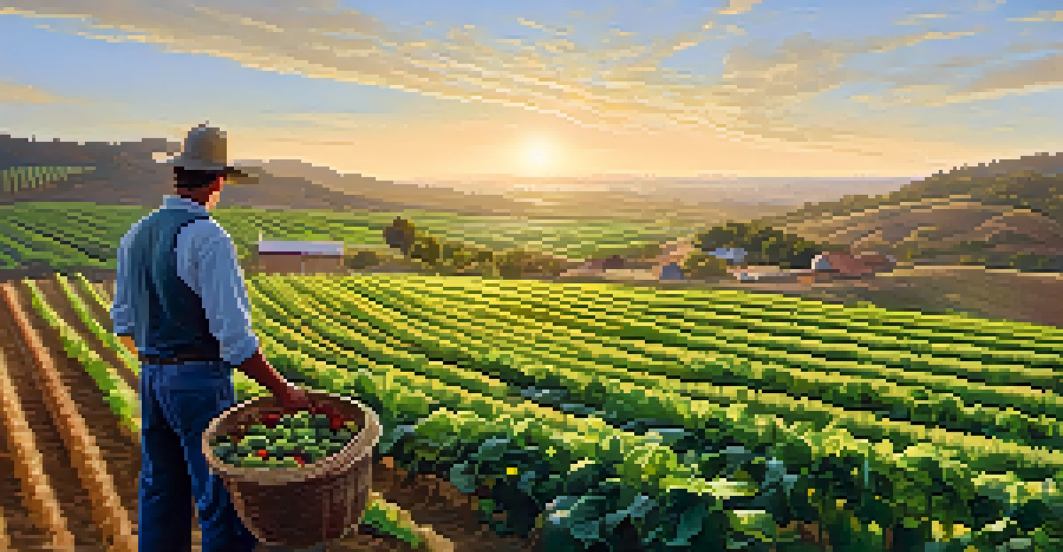 A scenic view of a Carlsbad farm with lush crops, a farmer inspecting fresh produce, and rolling hills under a golden sunset.