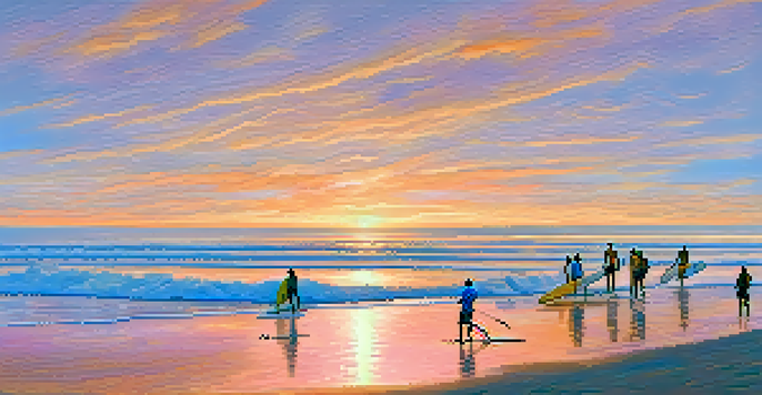 A beautiful sunset over Carlsbad beach with surfers paddling on gentle waves and a colorful sky.