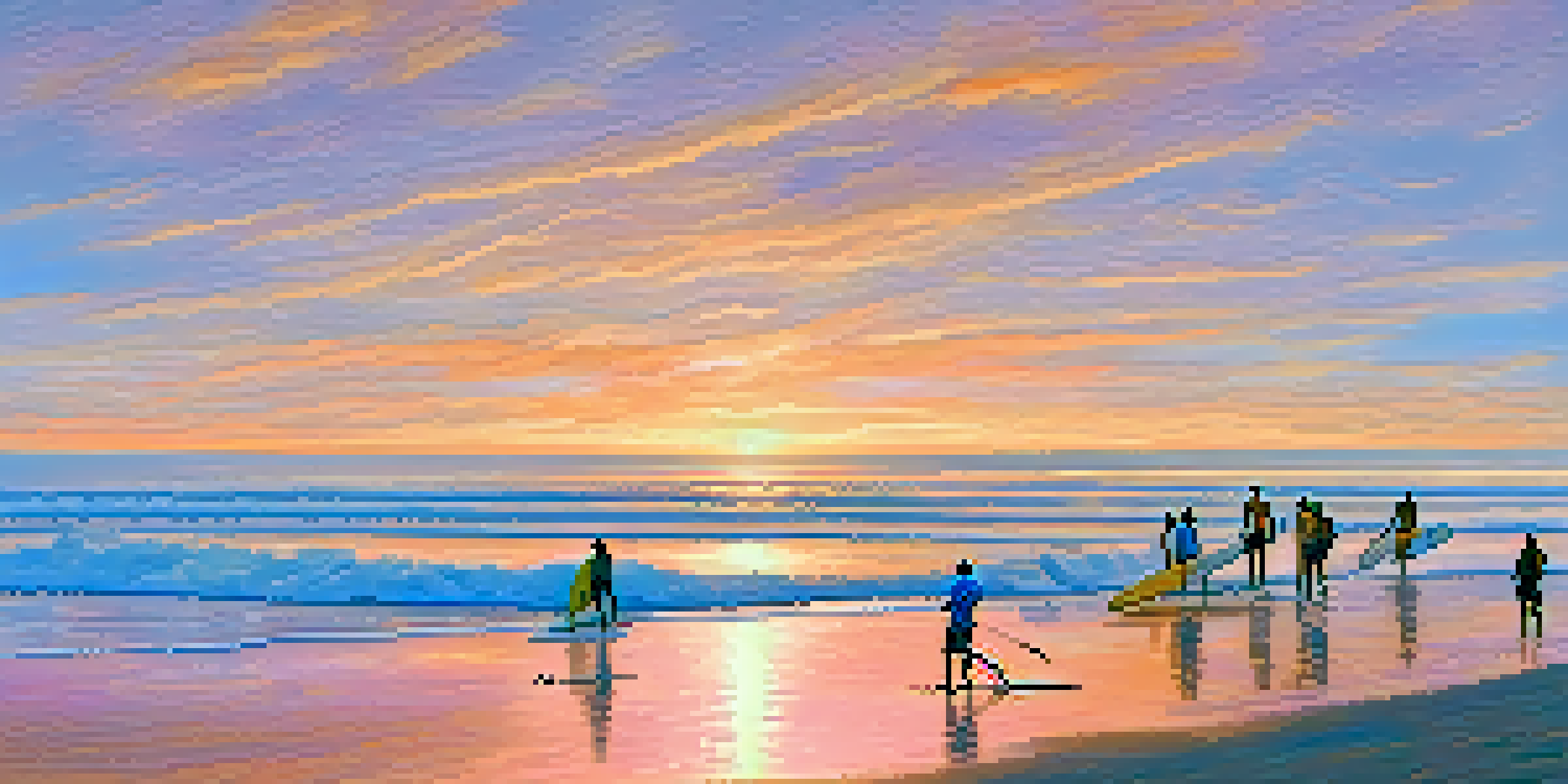 A beautiful sunset over Carlsbad beach with surfers paddling on gentle waves and a colorful sky.