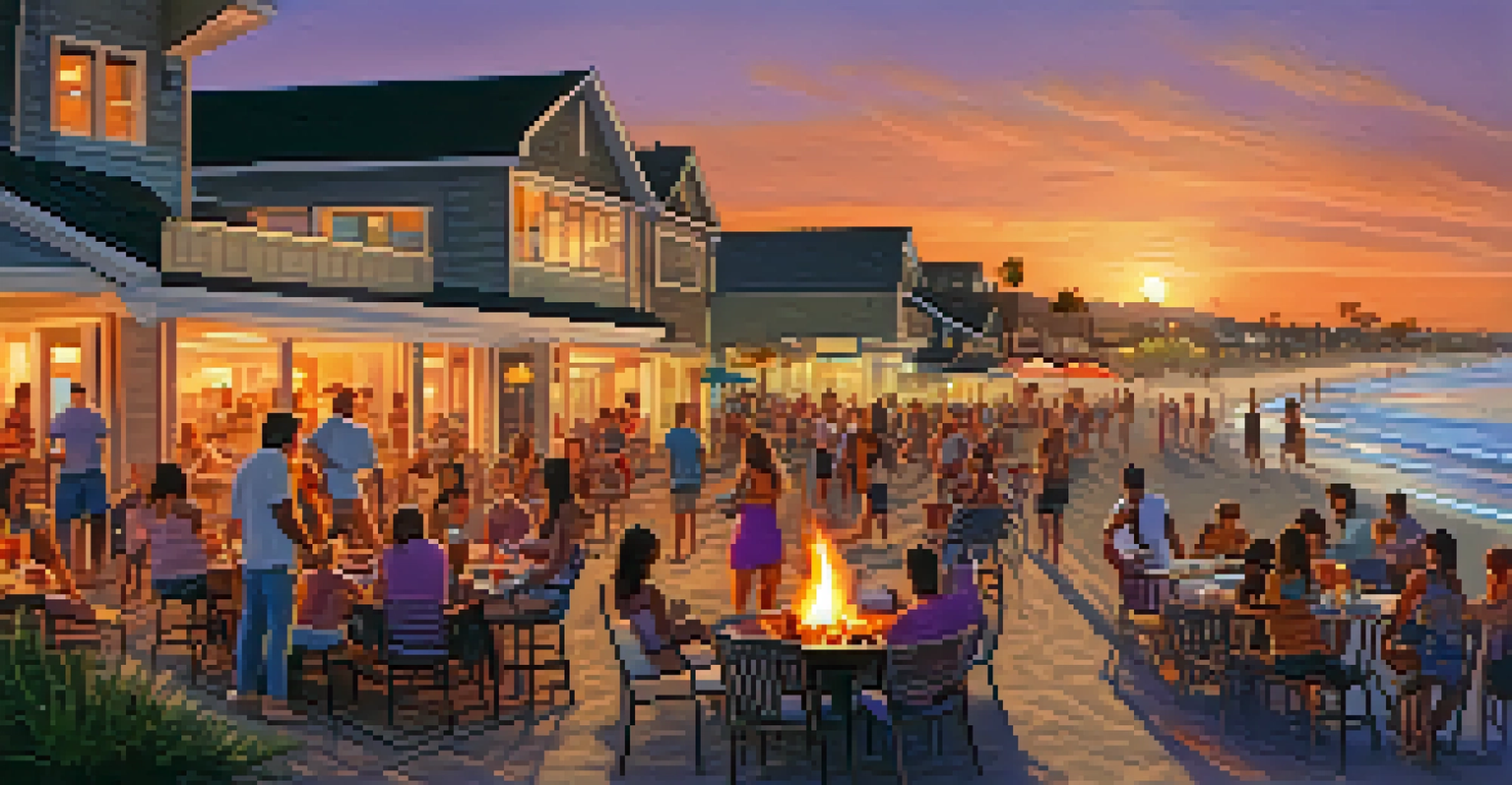 A vibrant beach bonfire scene in Carlsbad during July, with families enjoying food and laughter as the sun sets in the background.