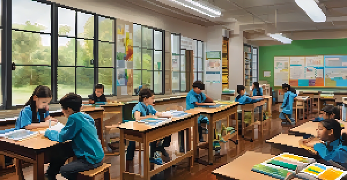 A bright classroom with students engaged in a science experiment, showcasing diversity and collaboration.