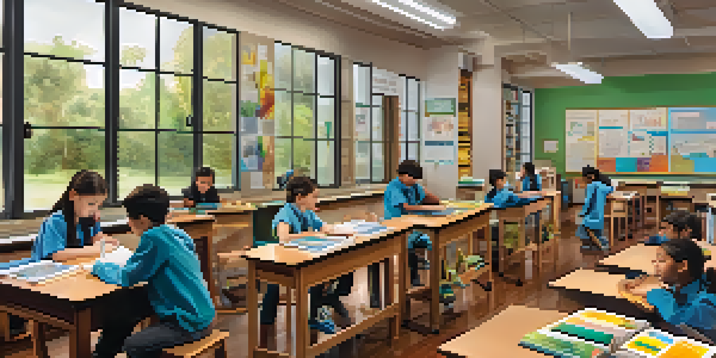 A bright classroom with students engaged in a science experiment, showcasing diversity and collaboration.