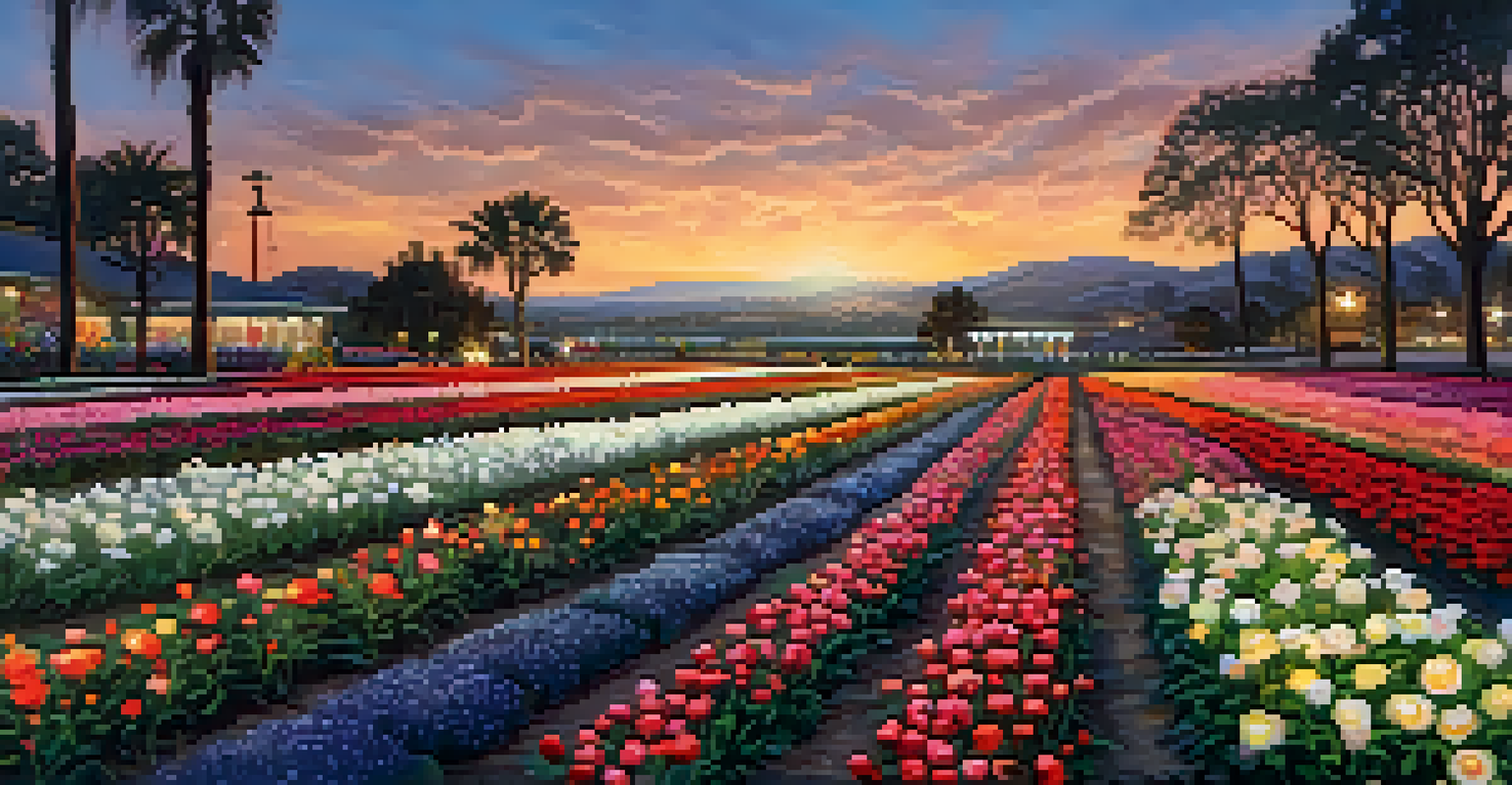 Twinkling holiday lights among blooming flowers in Carlsbad's flower fields at dusk.
