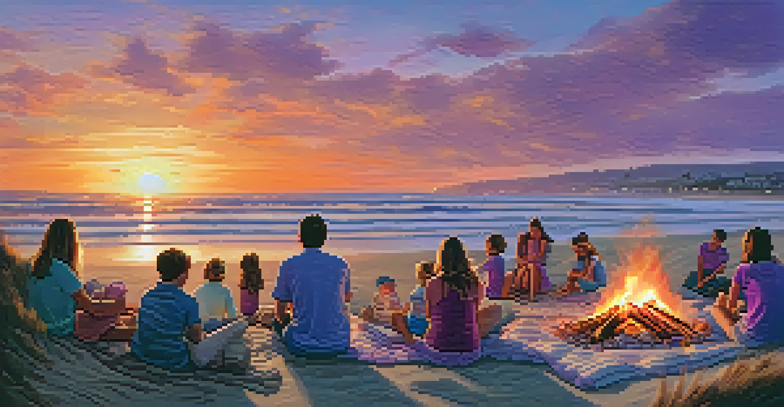 Families gathered around a bonfire at sunset on Carlsbad State Beach, enjoying the warm atmosphere.