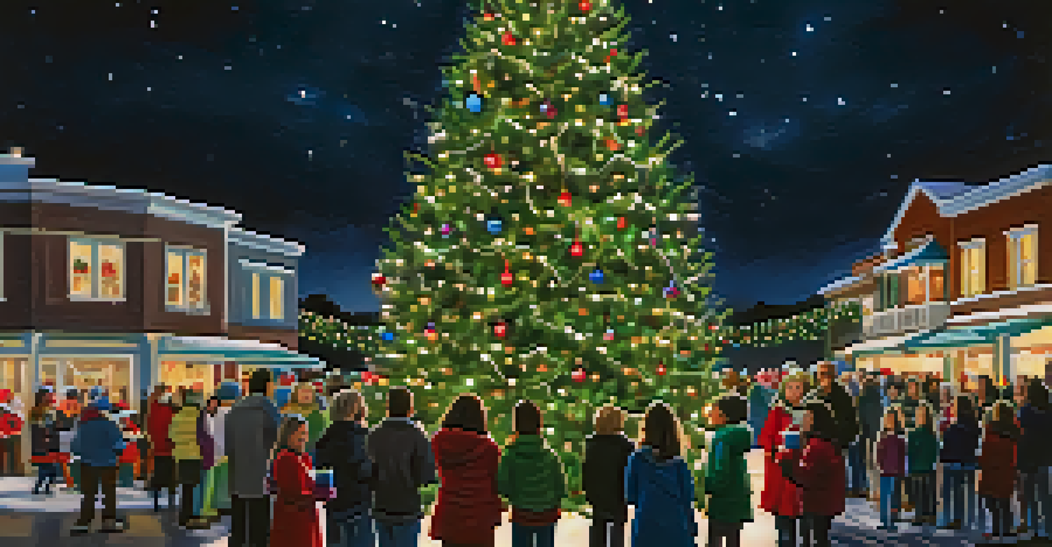 A community gathering around a brightly lit Christmas tree during a holiday celebration, with families enjoying the festive atmosphere.