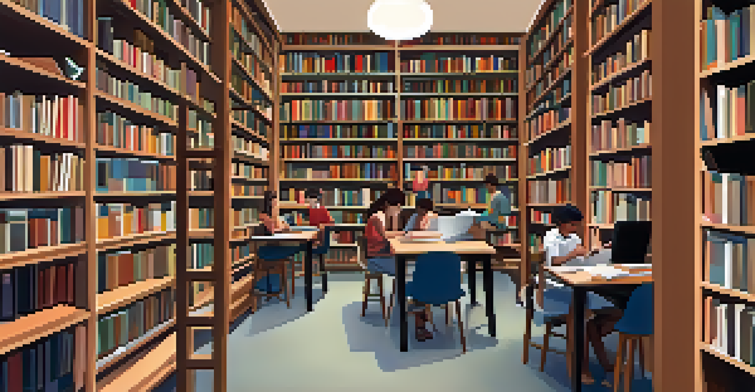 A tranquil library with students reading and studying, surrounded by bookshelves and cozy reading nooks.