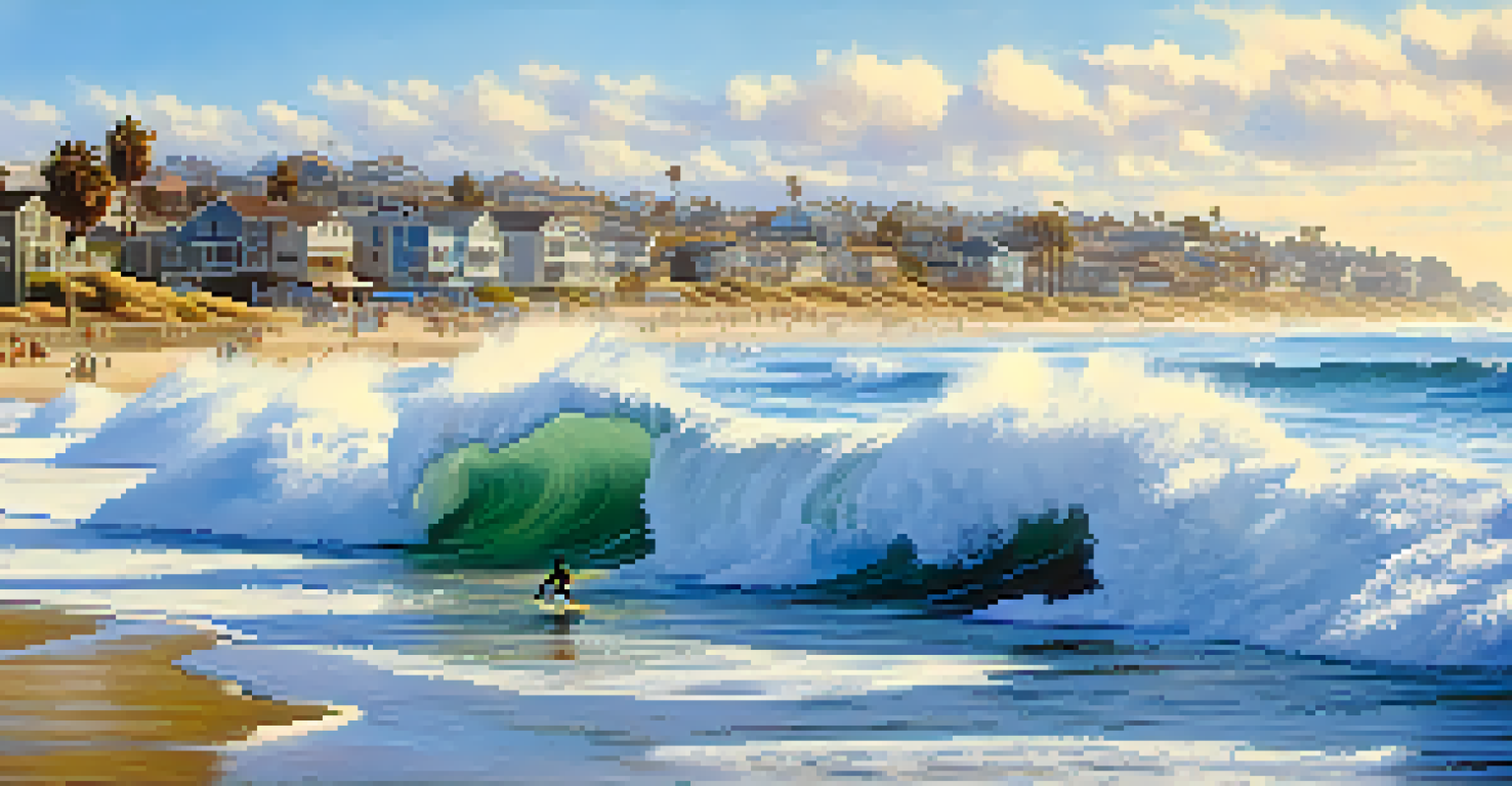 A surfer expertly riding a wave at Carlsbad State Beach with onlookers in the background.