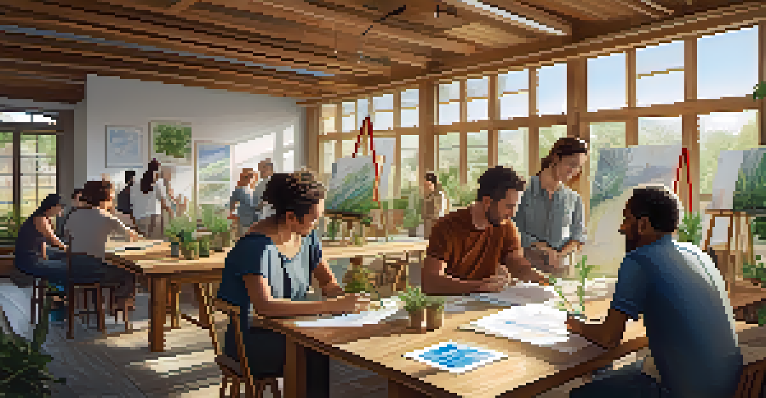 A community workshop with residents discussing sustainable architecture, surrounded by blueprints and eco-friendly materials, with sunlight streaming in through large windows.