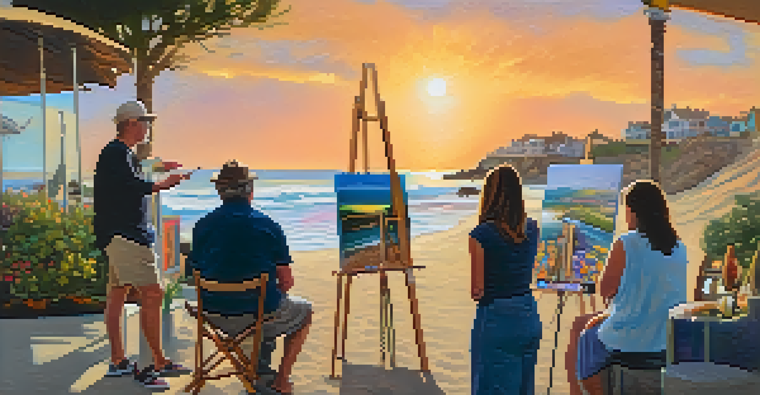 An artist engaging with attendees while painting a landscape at Carlsbad's art walk, surrounded by colorful artworks.