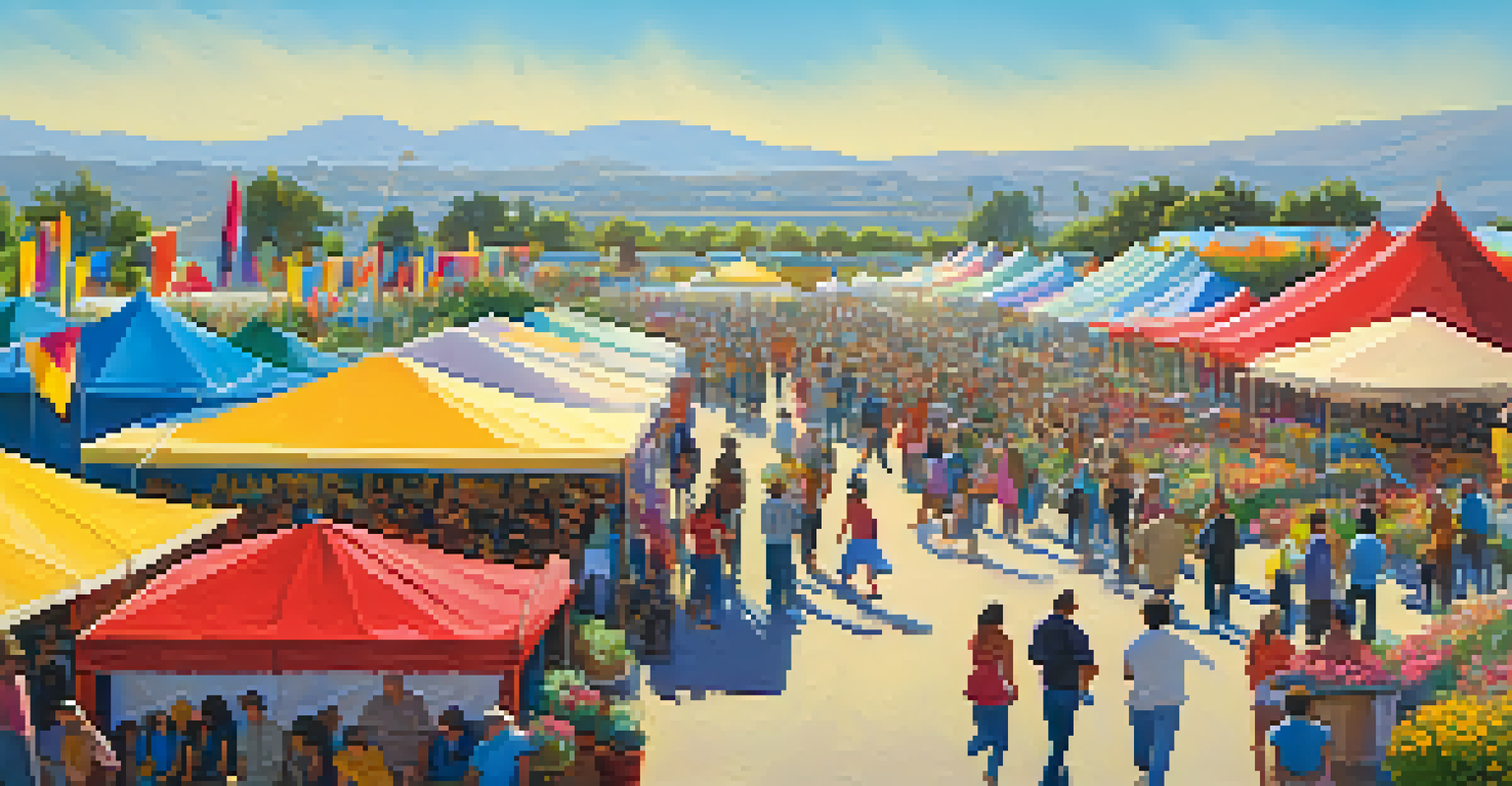 A lively outdoor cultural festival at the Flower Fields in Carlsbad with colorful tents, artisans, and families enjoying the flowers.