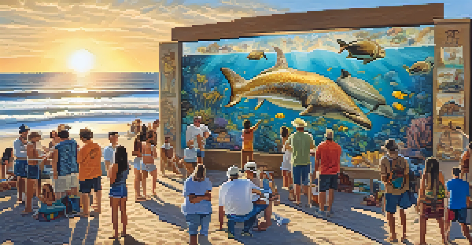 Local artists and festival attendees collaborating on a large mural at Carlsbad Beach Fest, surrounded by marine-inspired artworks.