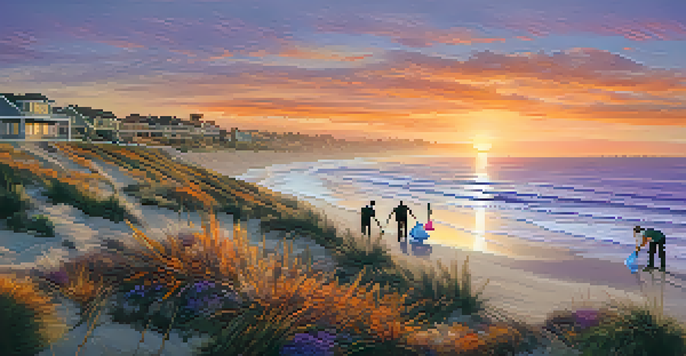 A sunset view of the Carlsbad coastline with people participating in a beach clean-up, surrounded by native plants and vibrant sky colors.