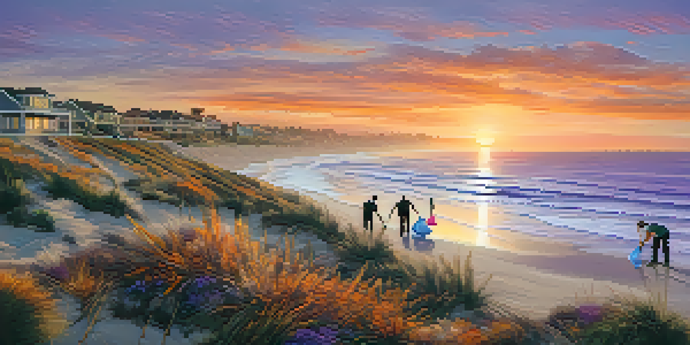 A sunset view of the Carlsbad coastline with people participating in a beach clean-up, surrounded by native plants and vibrant sky colors.