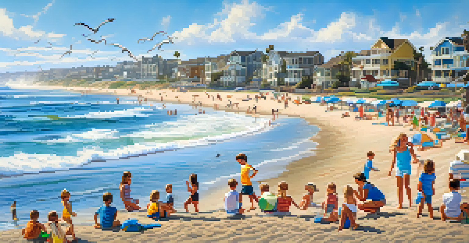 A vibrant summer beach scene with families, children playing in the sand, dolphins in the water, and seabirds flying in the sky.