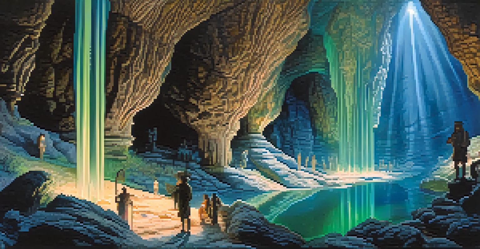 An artistic depiction of Indigenous figures in Carlsbad Caverns, surrounded by glowing minerals and ethereal spirits.