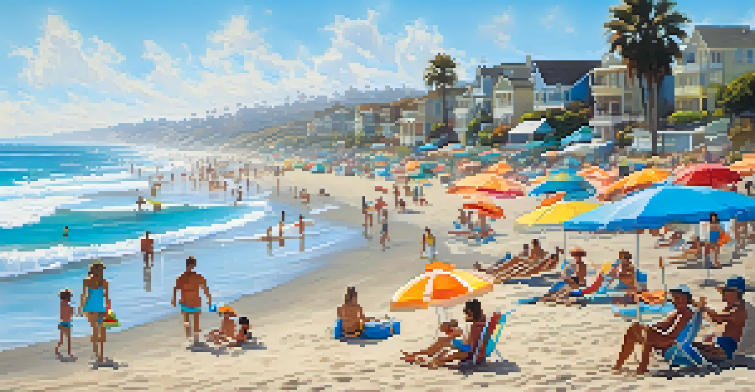 A busy summer beach scene in Carlsbad with people sunbathing, playing, and surfing.