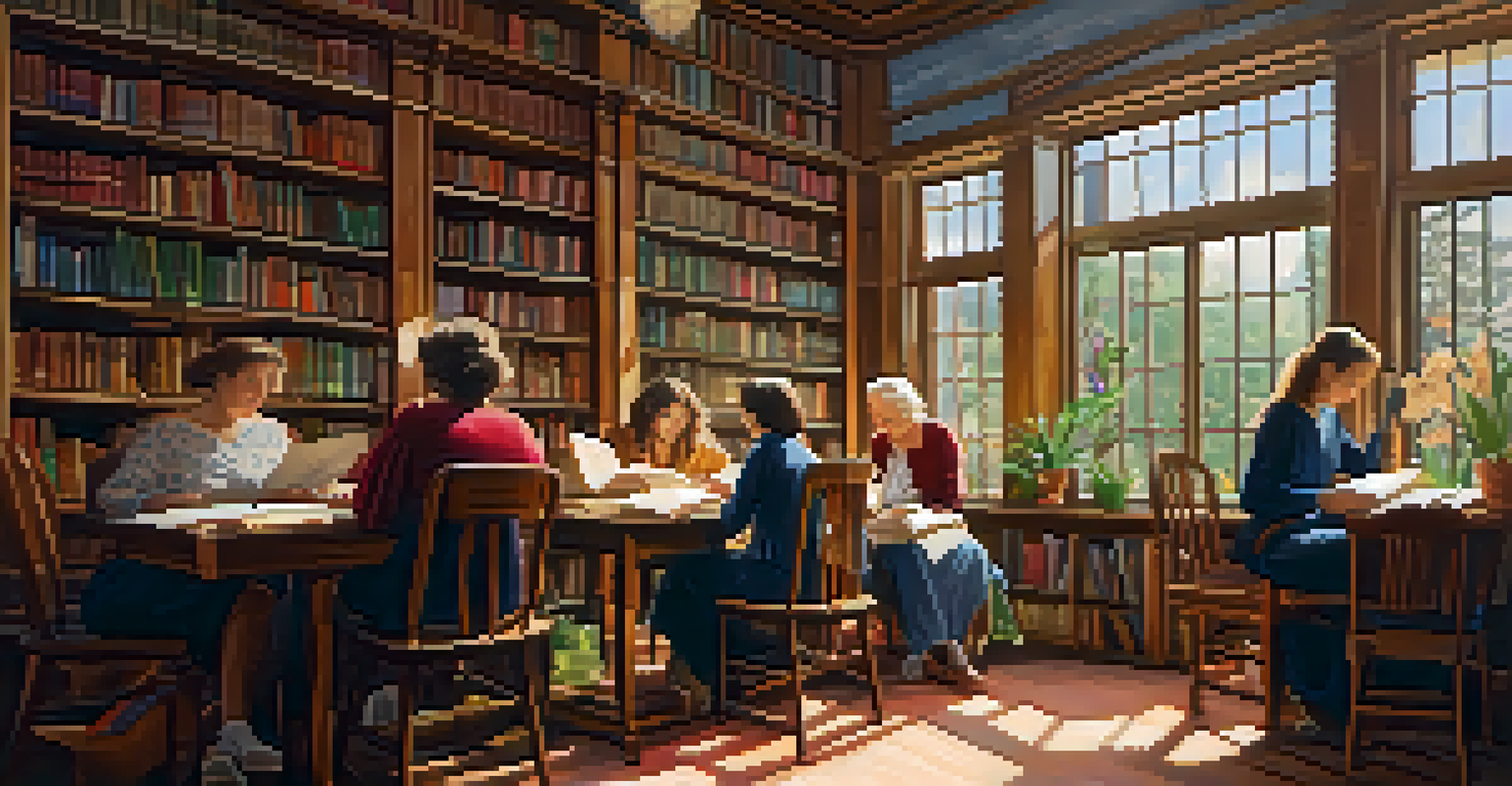 A warm and inviting library scene with women of various ages reading and discussing books.