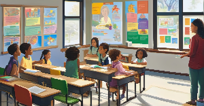 A bright and inviting classroom filled with natural light, featuring a teacher and diverse students engaged in a learning activity.