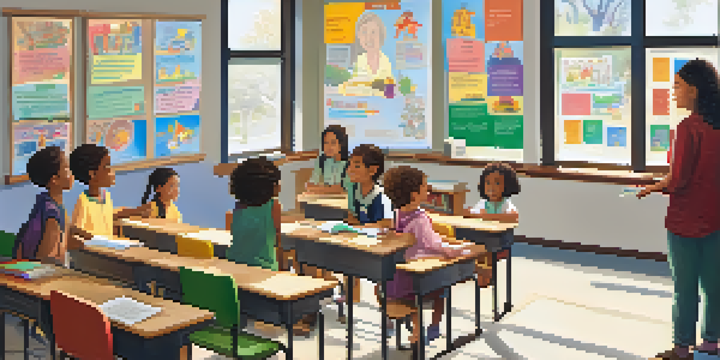 A bright and inviting classroom filled with natural light, featuring a teacher and diverse students engaged in a learning activity.