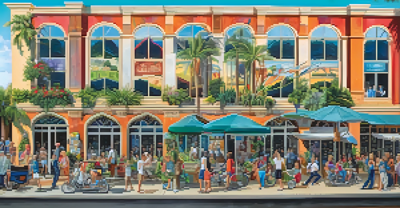 A colorful mural on a public building in Carlsbad, depicting its history and culture, surrounded by greenery and people appreciating the art.