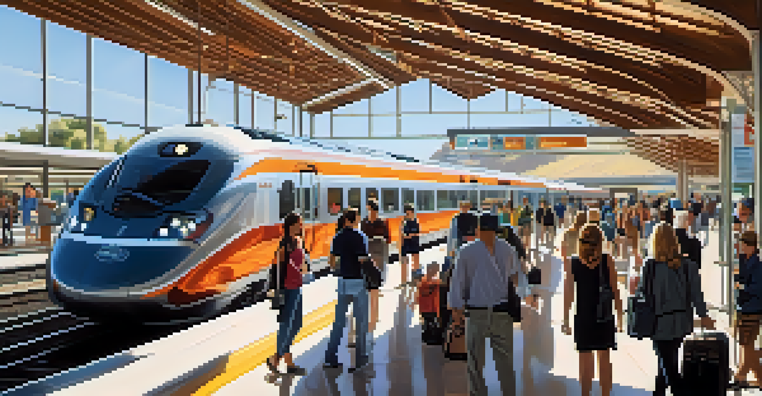 A modern train station in Carlsbad with travelers boarding a high-speed train in a bright, lively atmosphere.