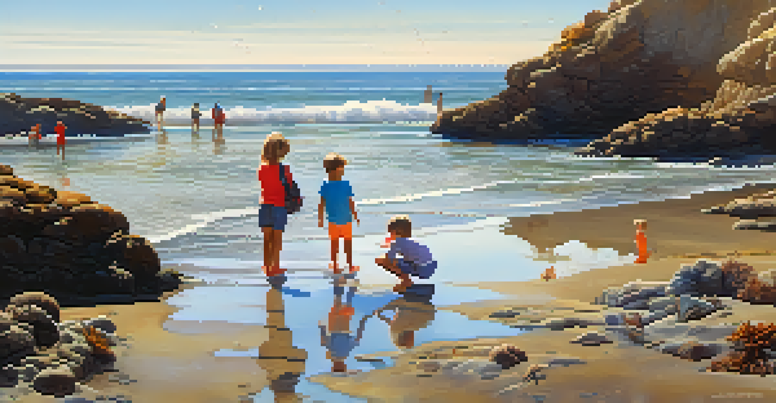 A family exploring tide pools at Carlsbad's coastline, with children examining marine life under the bright sun.