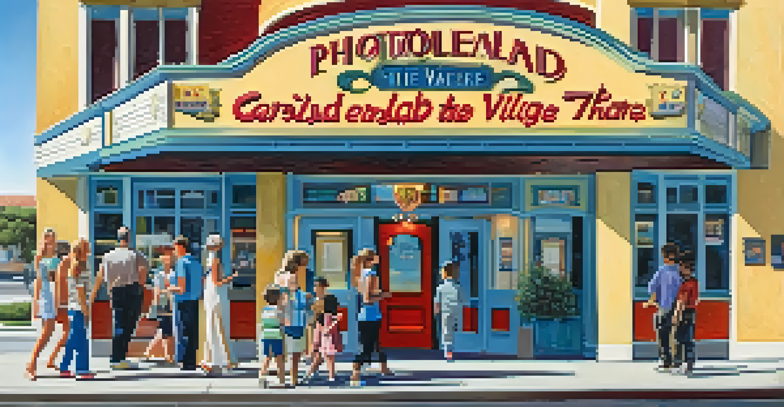 Charming entrance of the Carlsbad Village Theatre with families entering and colorful posters of shows.
