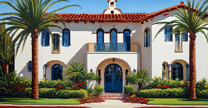 A Mission Revival Style building in Carlsbad with a red-tiled roof and arched doorways, surrounded by gardens and palm trees under a blue sky.