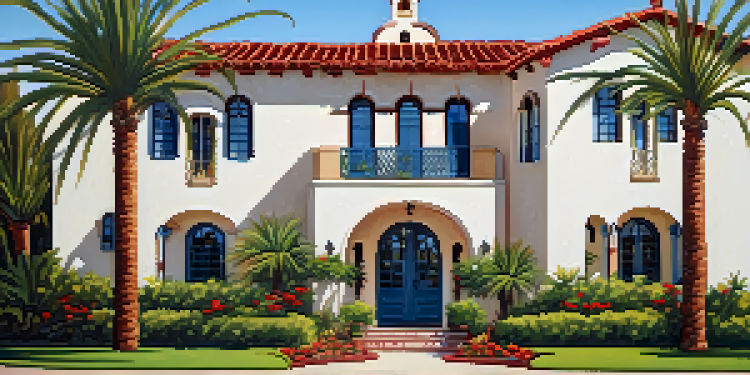 A Mission Revival Style building in Carlsbad with a red-tiled roof and arched doorways, surrounded by gardens and palm trees under a blue sky.
