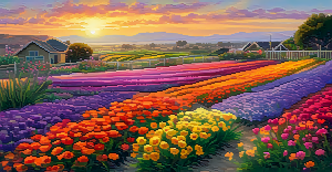 A picturesque sunset over Carlsbad's flower fields, filled with colorful blooms and a winding path.