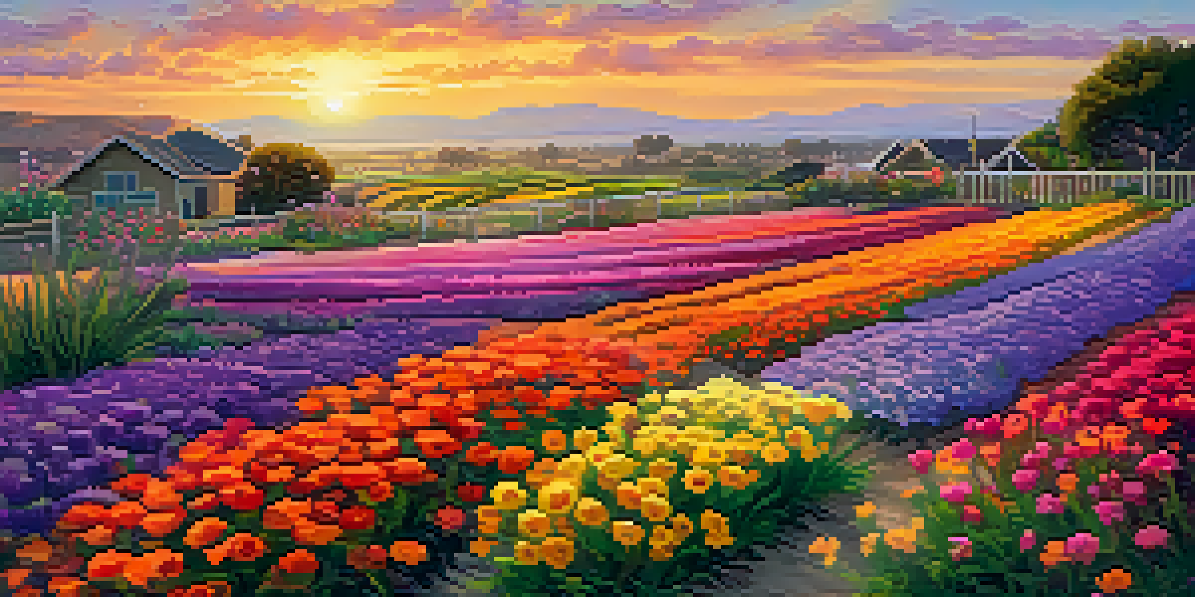 A picturesque sunset over Carlsbad's flower fields, filled with colorful blooms and a winding path.