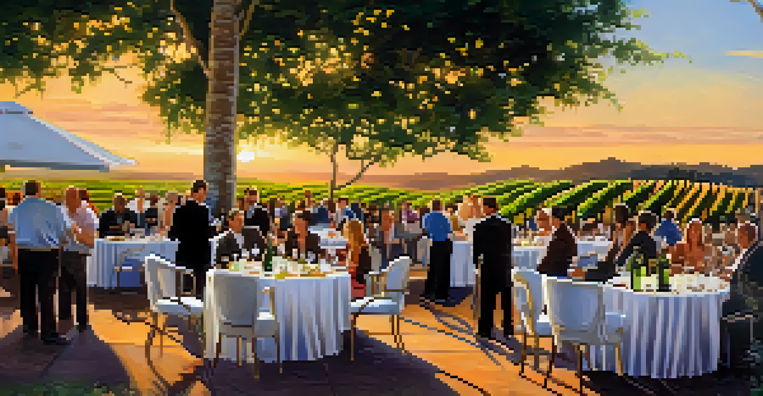 A picturesque wine festival scene with guests tasting wines and enjoying gourmet food against a backdrop of vineyards during sunset.