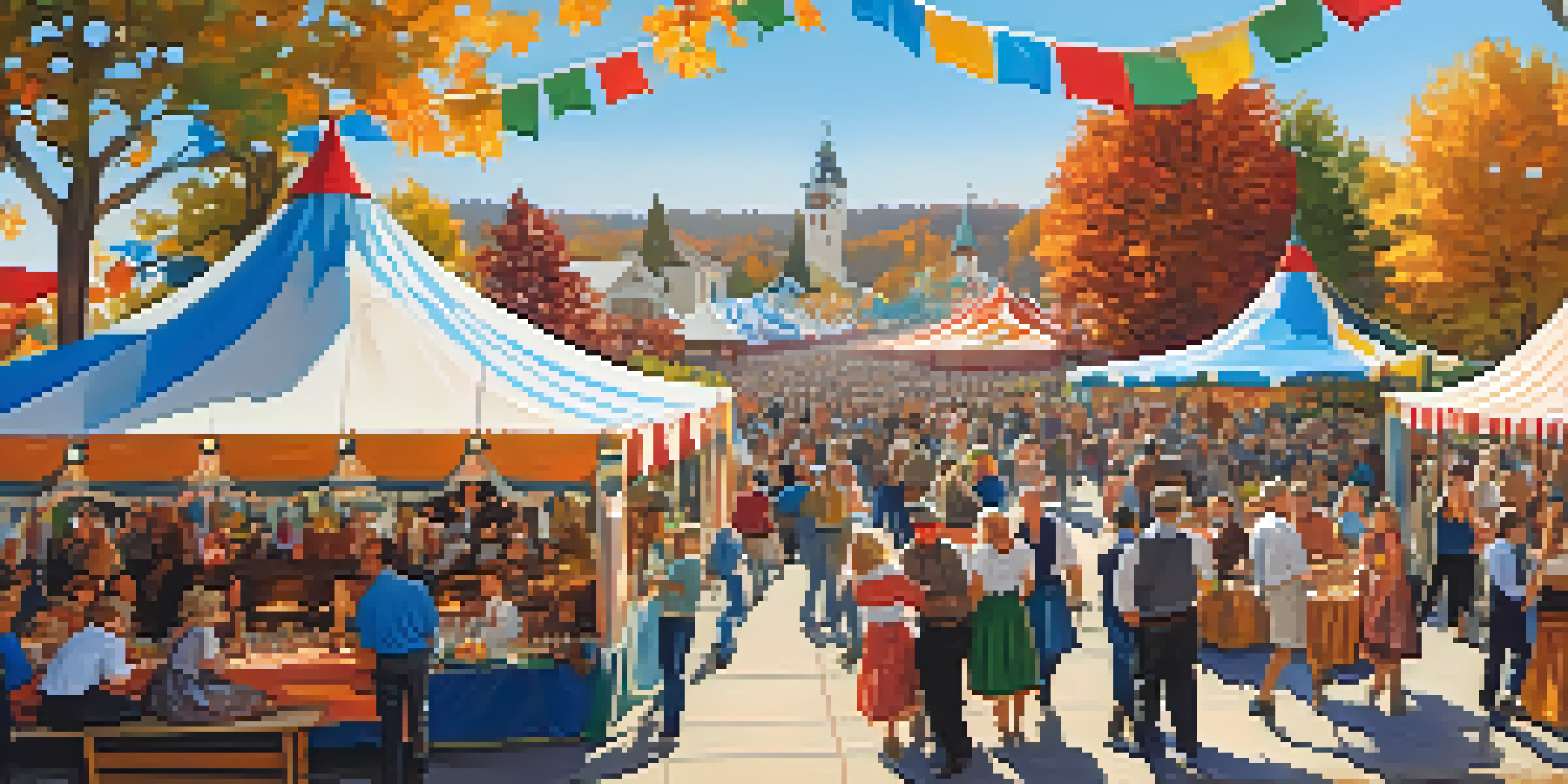 A lively Oktoberfest festival in Carlsbad with colorful tents, people dancing, and tables full of German food.